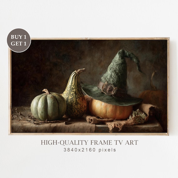 Witchy Halloween Frame Tv Art Moody Wiccan Still Life With Pumpkins Witch Hat Dark Autumn Samsung