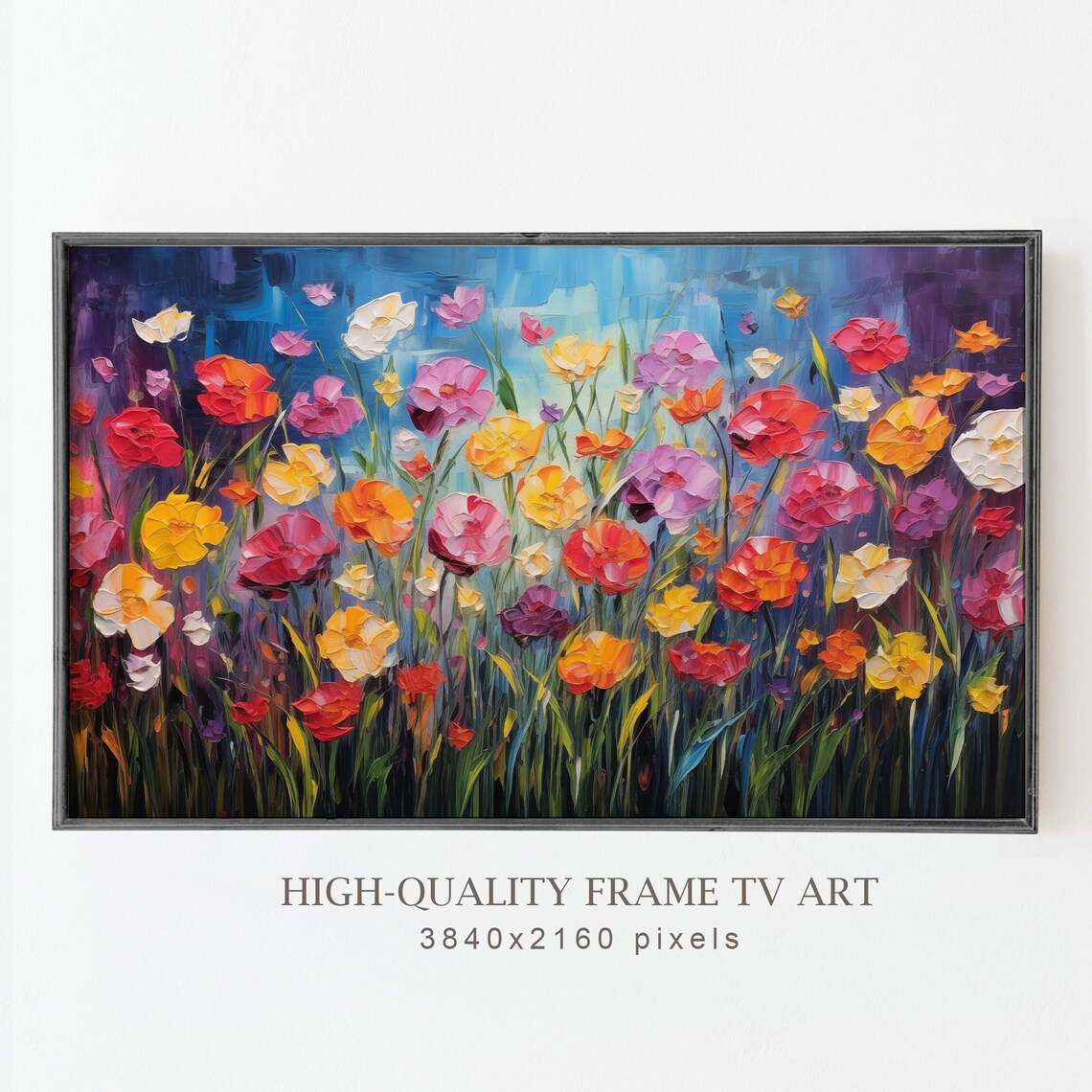 Bold Impasto Wildflowers Deep Blue Moody Textured Floral Oil Painting Poster - Image 5