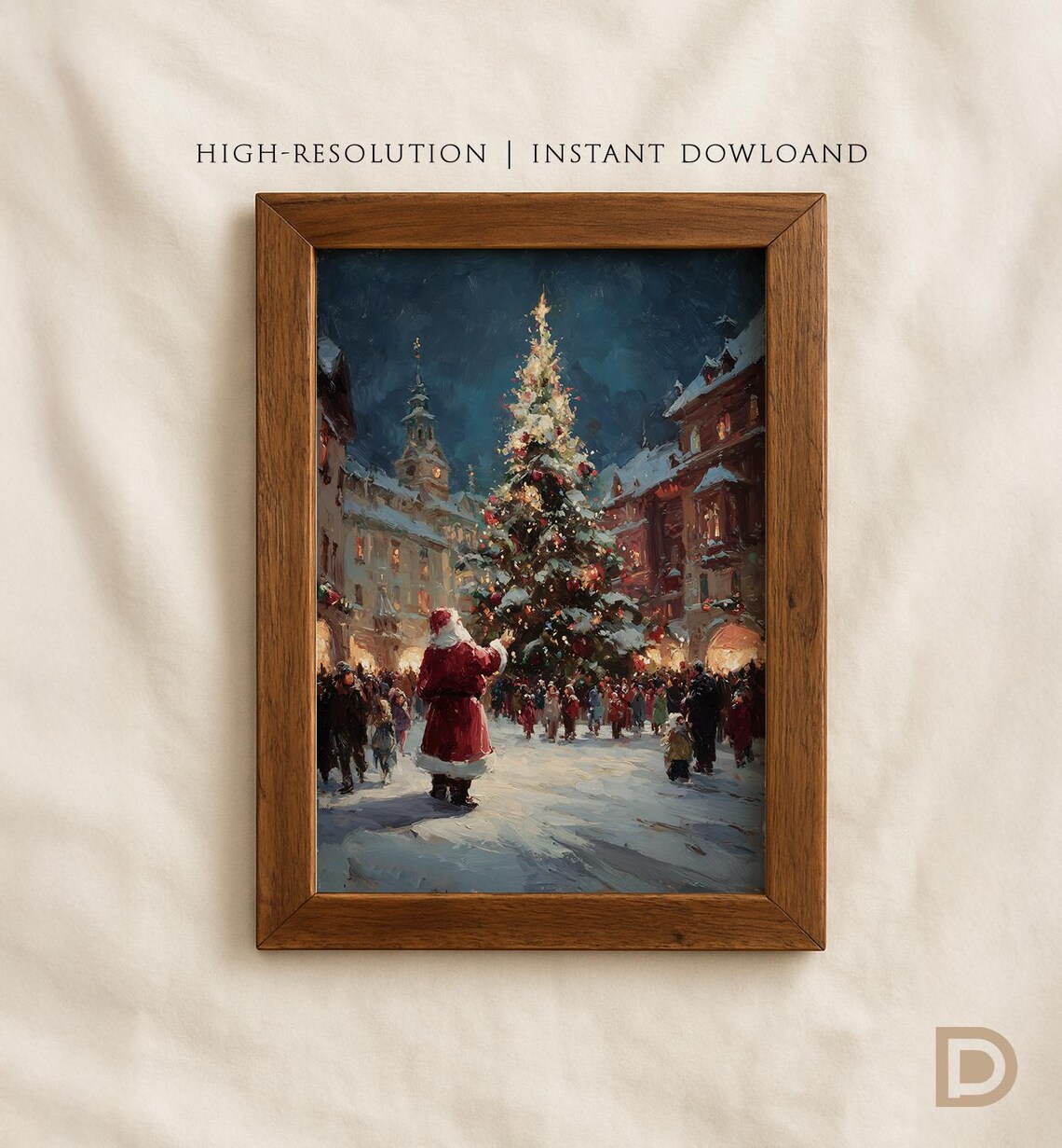 Christmas Town Tree Vintage Holiday Market Art Print