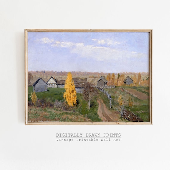 Autumn Village Wooden Cabins Golden Birch Tree Vintage Fall Countryside Poster