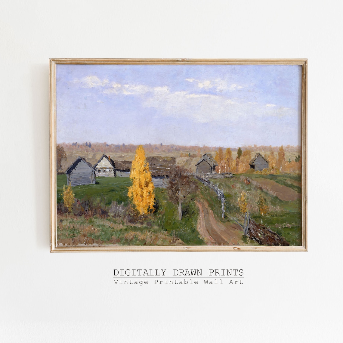 Autumn Village Wooden Cabins Golden Birch Tree Vintage Fall Countryside Poster