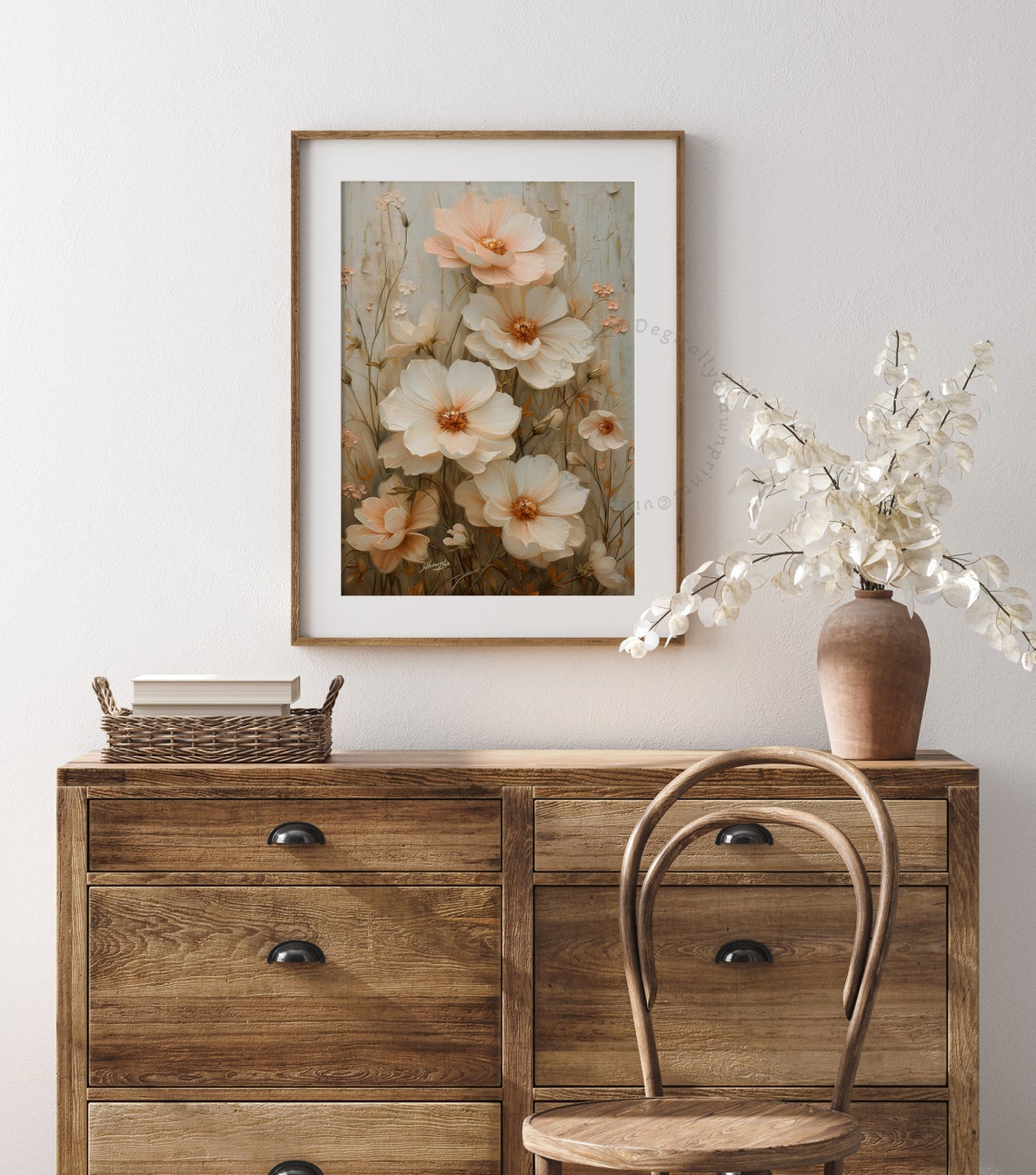 Wildflower Field Landscape Oil Painting Vintage Floral Farmhouse Pinky Cosmos Flowers Spring Neutral Wall Art Print - Image 4