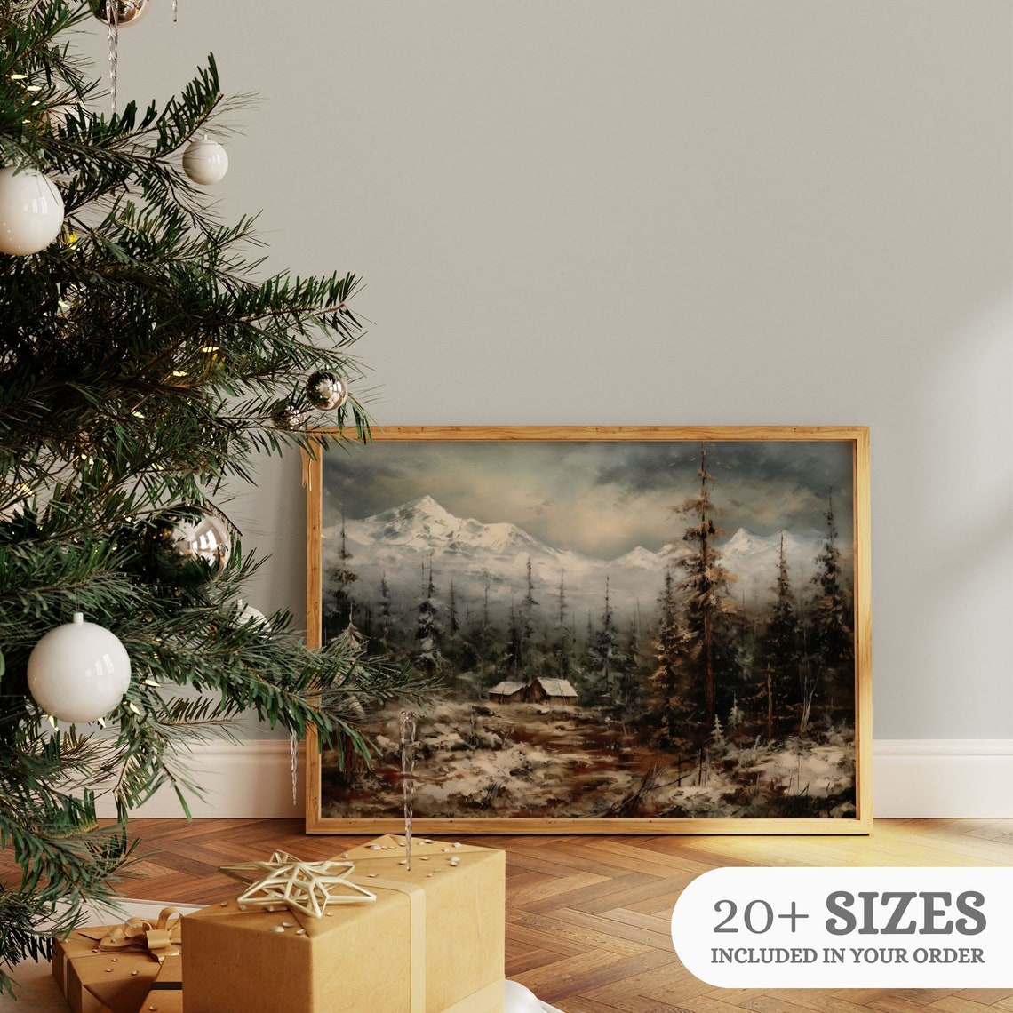 Snowy Mountain Valley With Log Cabin Pines Moody Winter Forest Print - Image 2