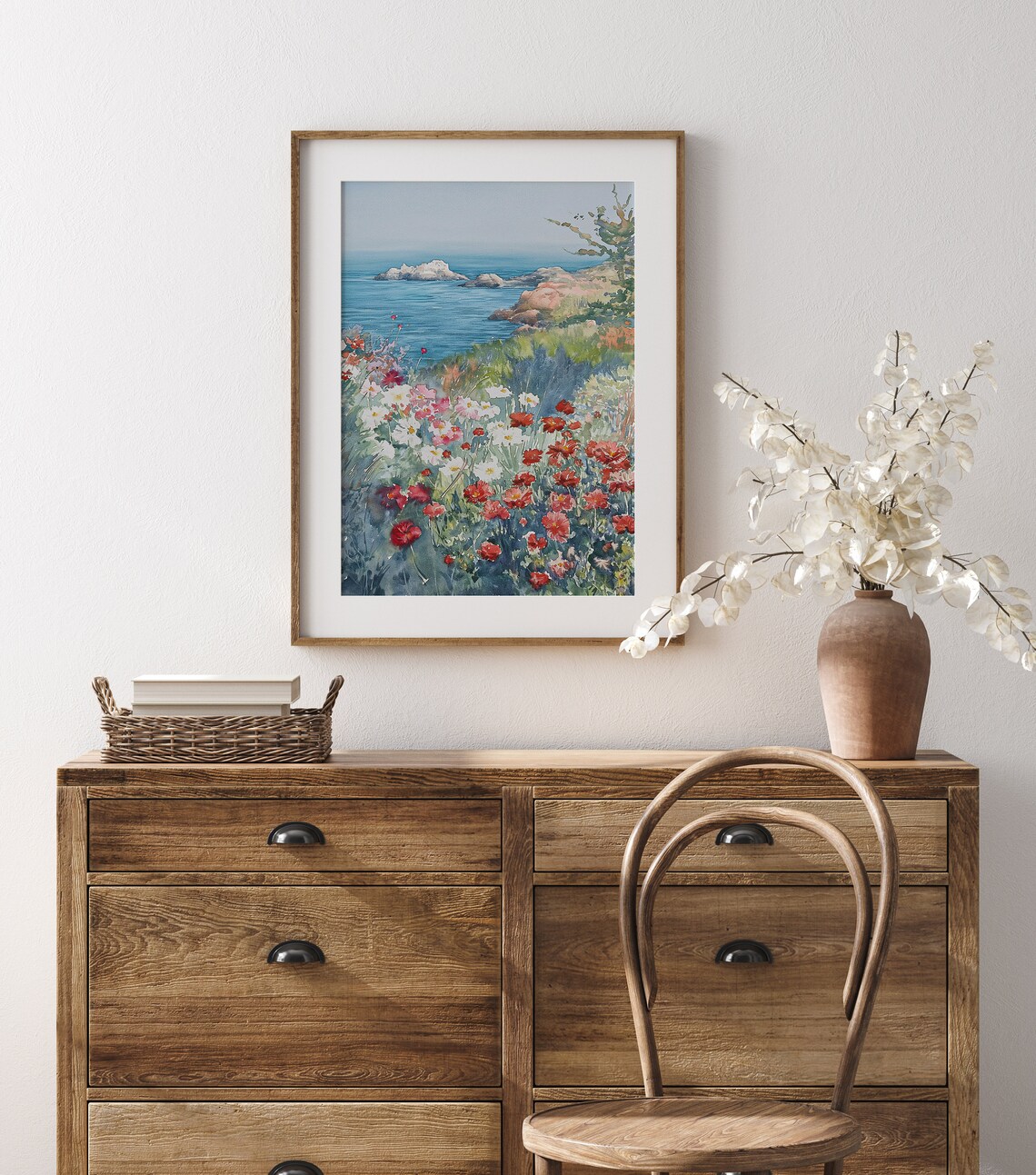 Coastal Wildflower Field Watercolor Red Cosmos Ocean View Poster - Image 4