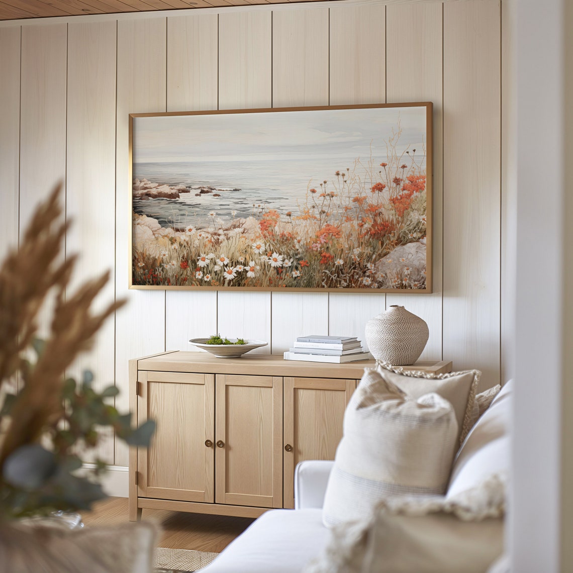 Wildflower Cliff Overlooking Calm Sea Rocky Coast Landscape Print - Image 5