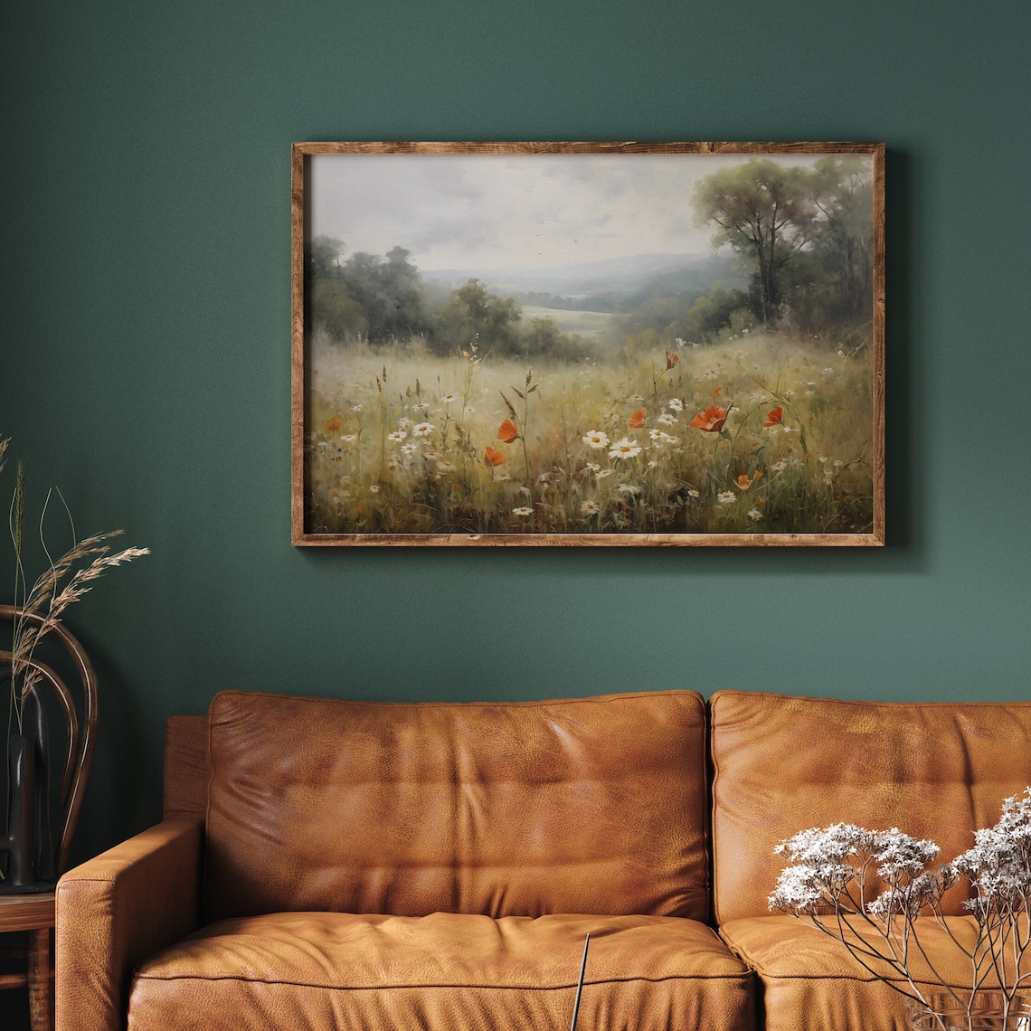 Moody Wildflower Meadow Poppies Misty Valley Vintage Landscape Painting Poster - Image 3