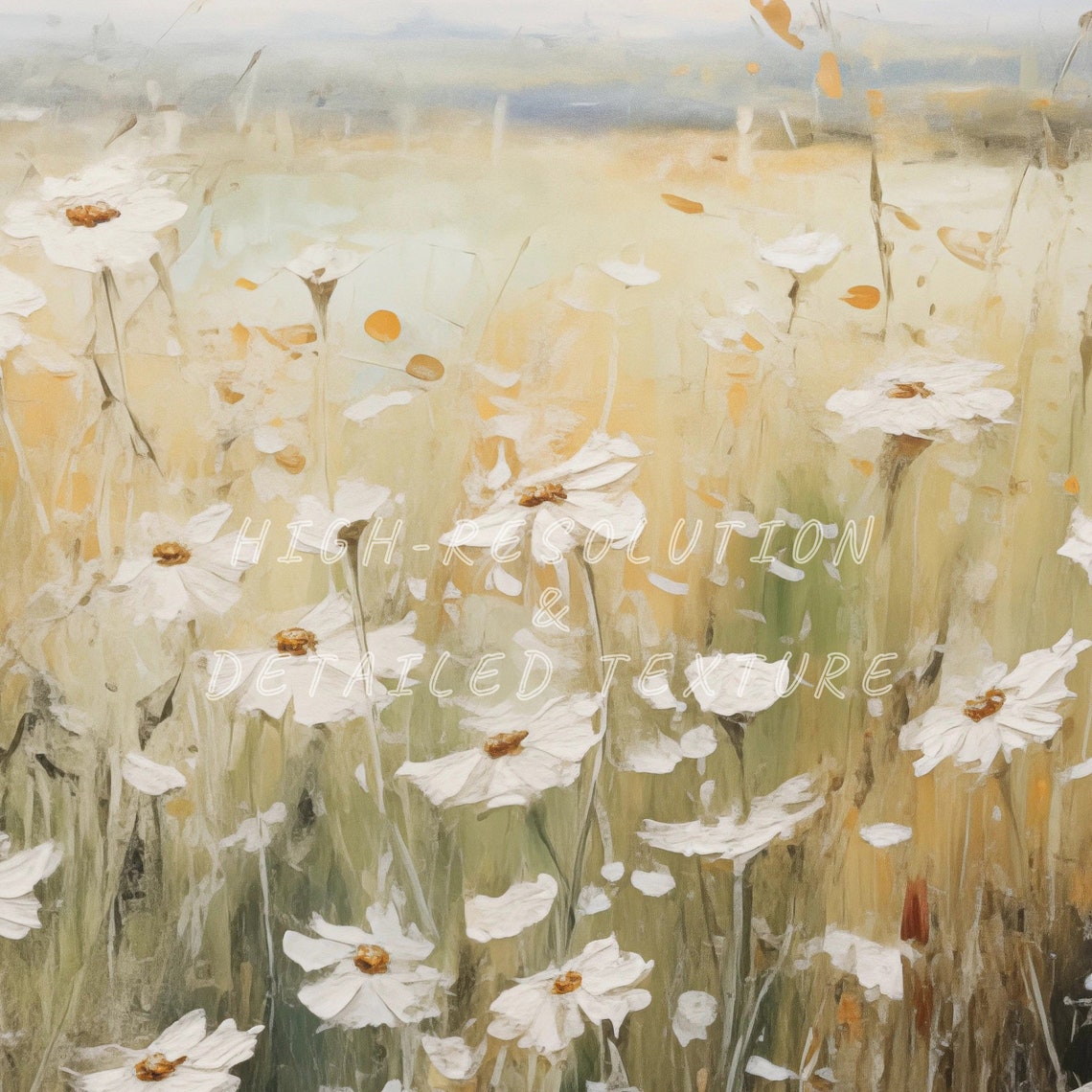 White Daisy Field Tall Golden Grass Pastel Sky Landscape Print - Image 3