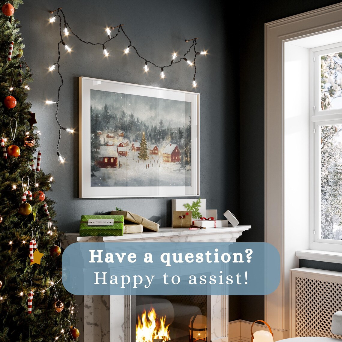 Snowy Winter Village Christmas Tree Lights Red Cabins Night Poster - Image 2