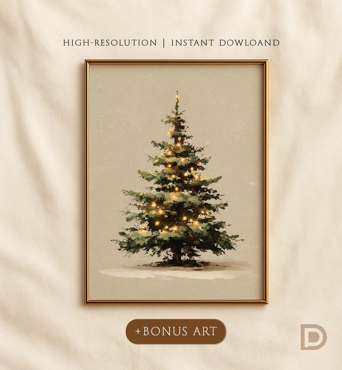 Neutral Christmas Tree with Warm Lights Farmhouse Holiday Wall Art