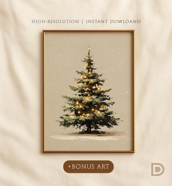 Neutral Christmas Tree with Warm Lights Farmhouse Holiday Wall Art