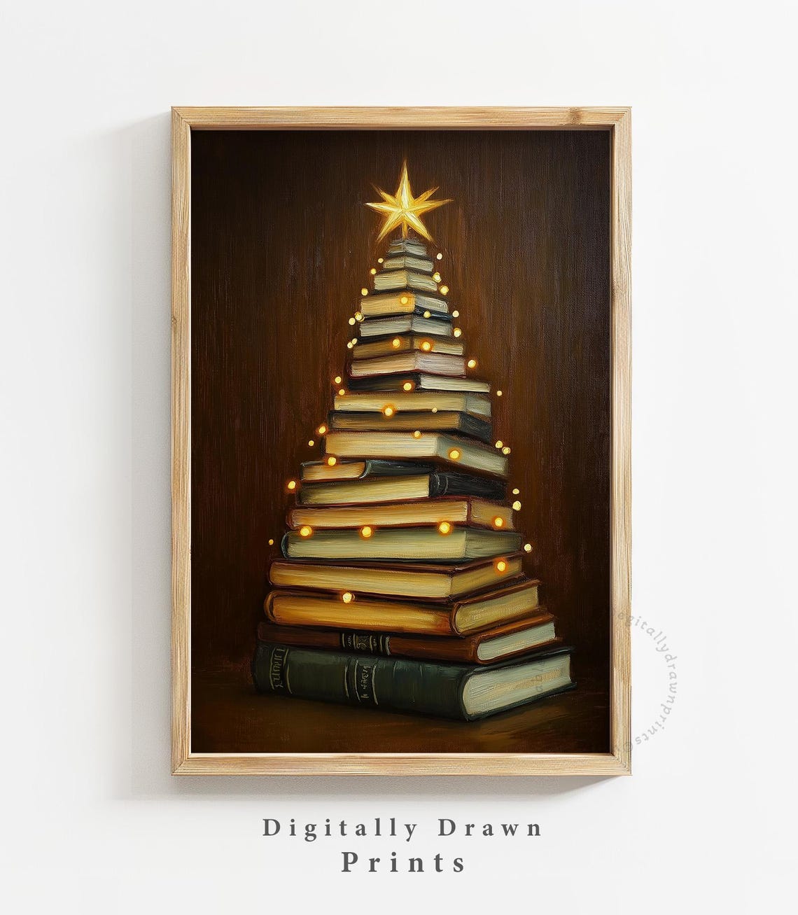 Book Stack Christmas Tree Lights Golden Star Dark Academia Poster