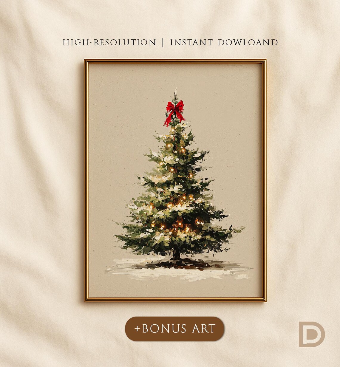 Red Bow Christmas Tree Art Print, Neutral Holiday Decor