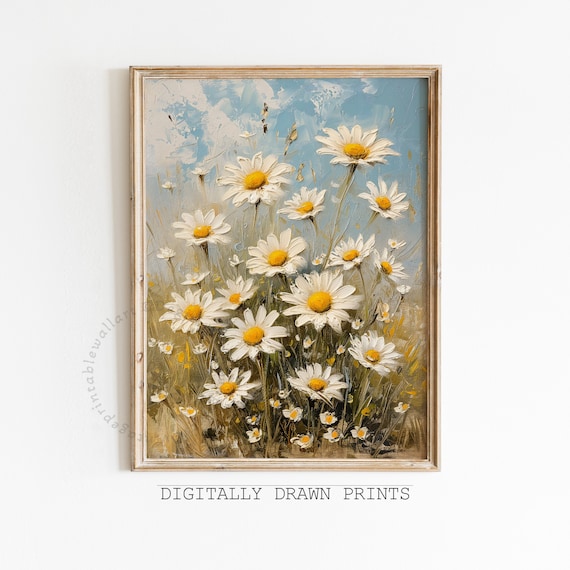 White Daisies Soft Blue Sky Vintage Floral Still Life Oil Print