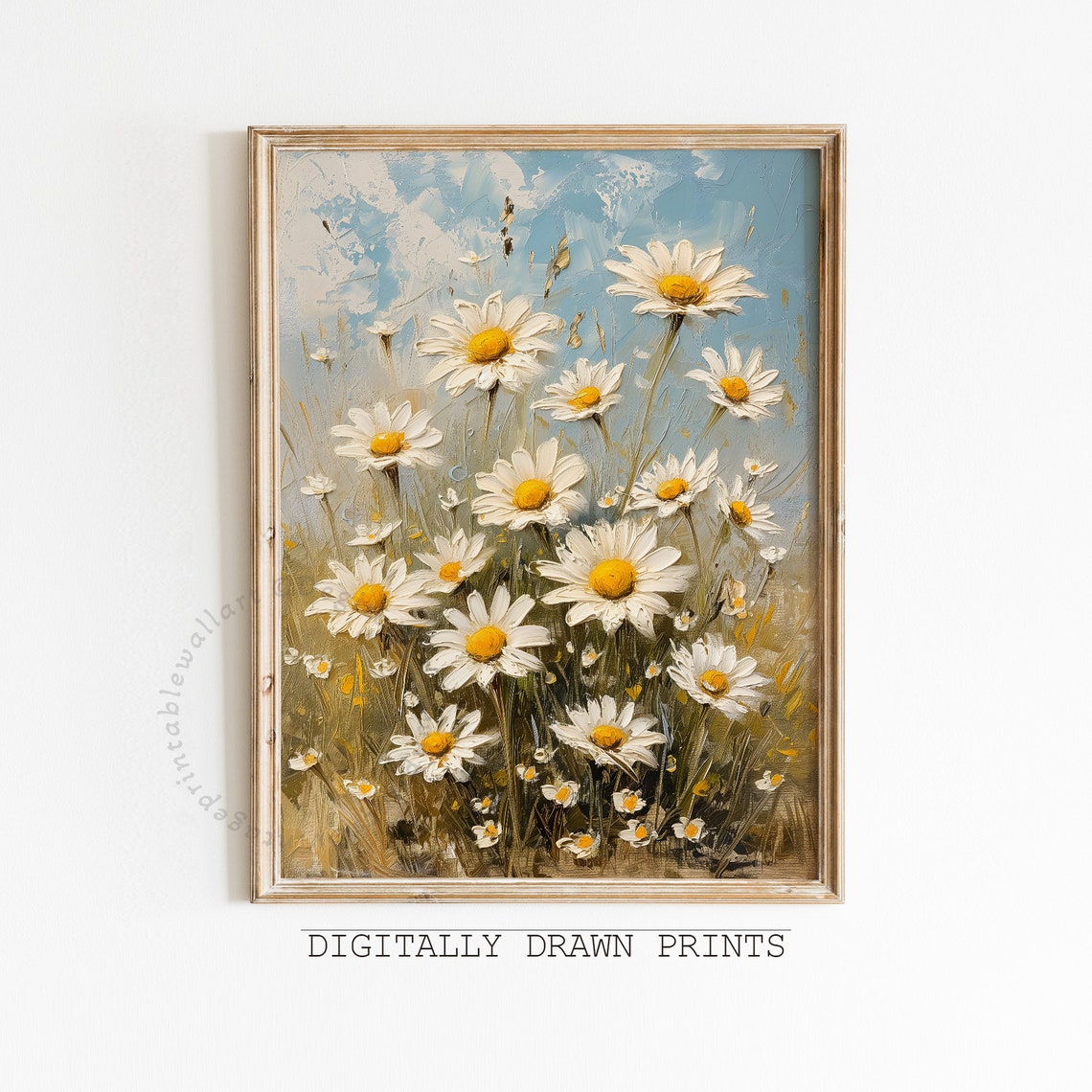 White Daisies Soft Blue Sky Vintage Floral Still Life Oil Print