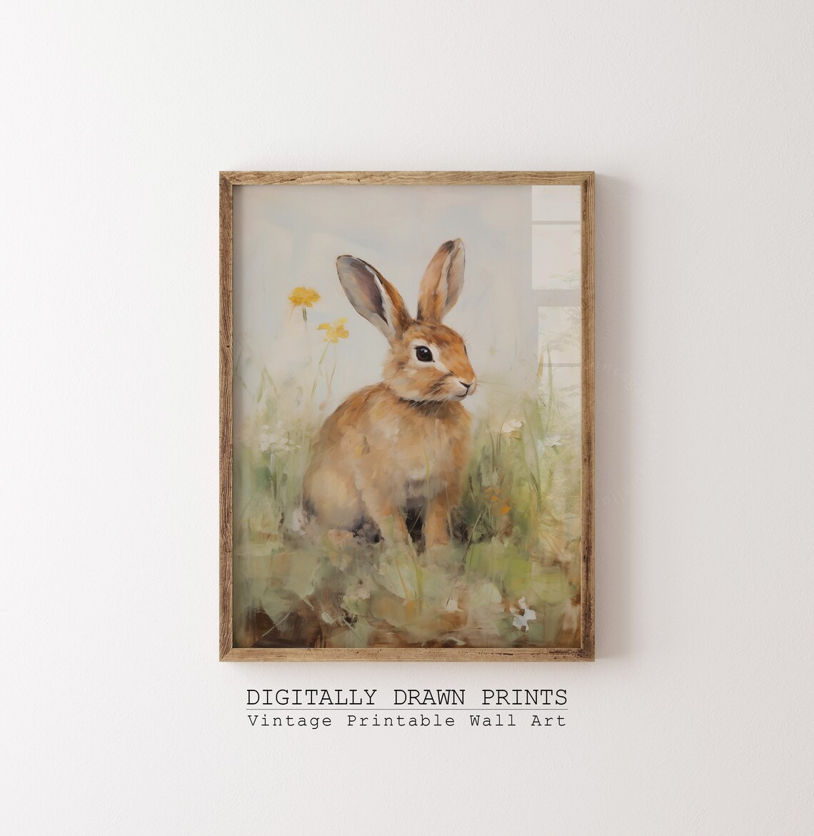 Brown Bunny Misty Green Meadow Yellow Flowers Vintage Oil Print - Image 3