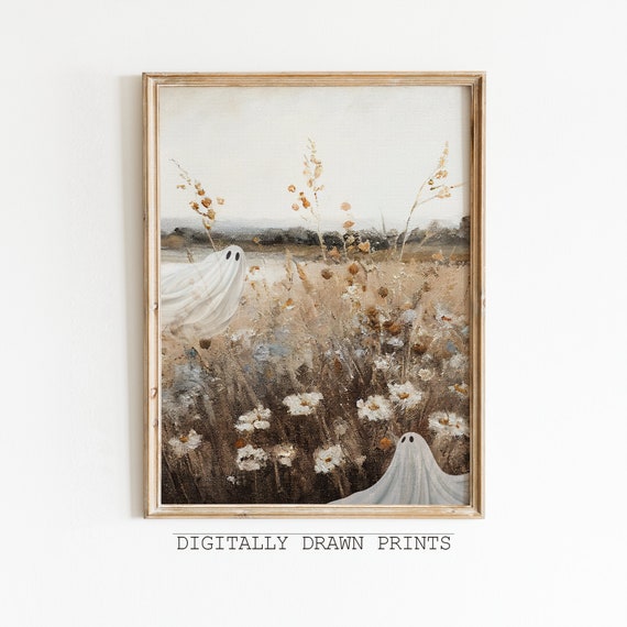 Cute Ghost Vintage Wildflower Oil Painting, Spooky Art