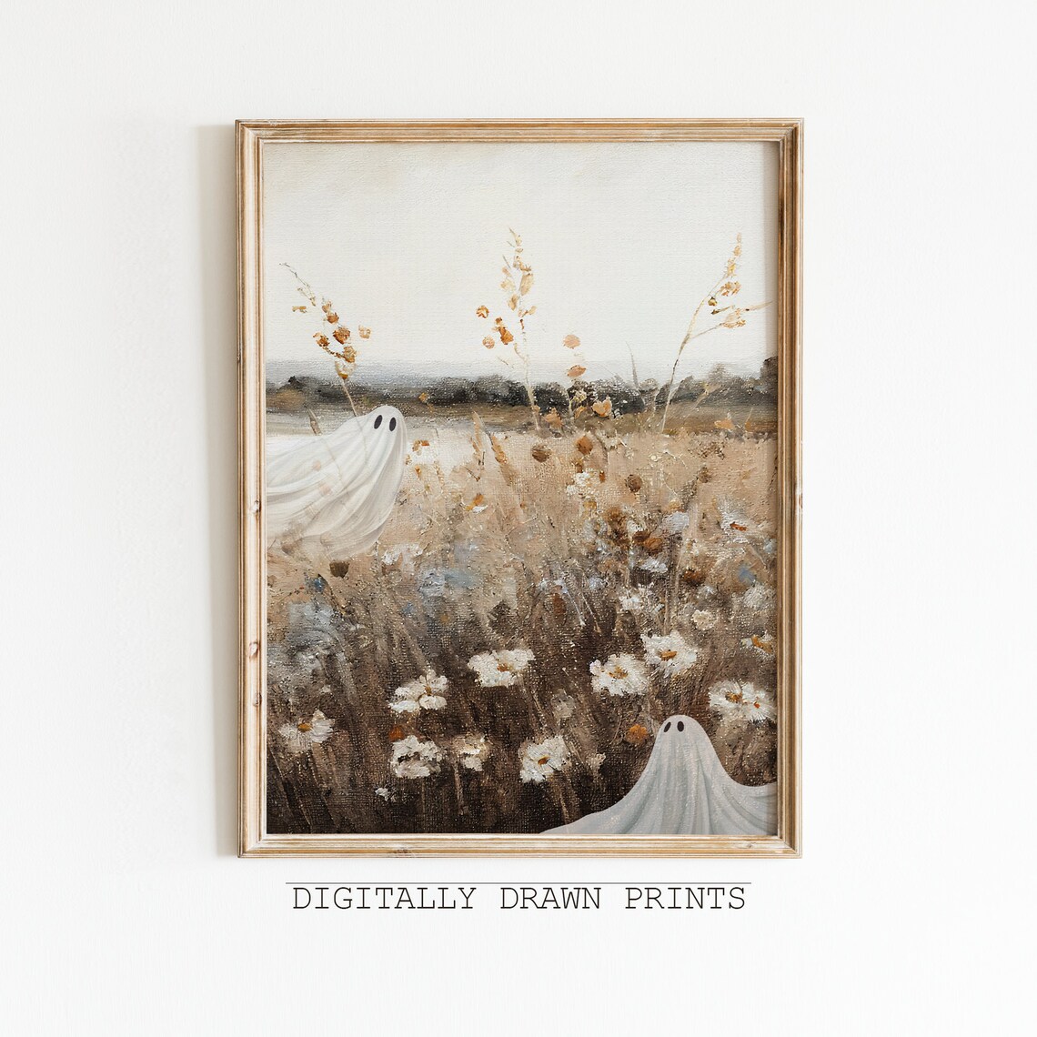Cute Ghost Vintage Wildflower Oil Painting, Spooky Art