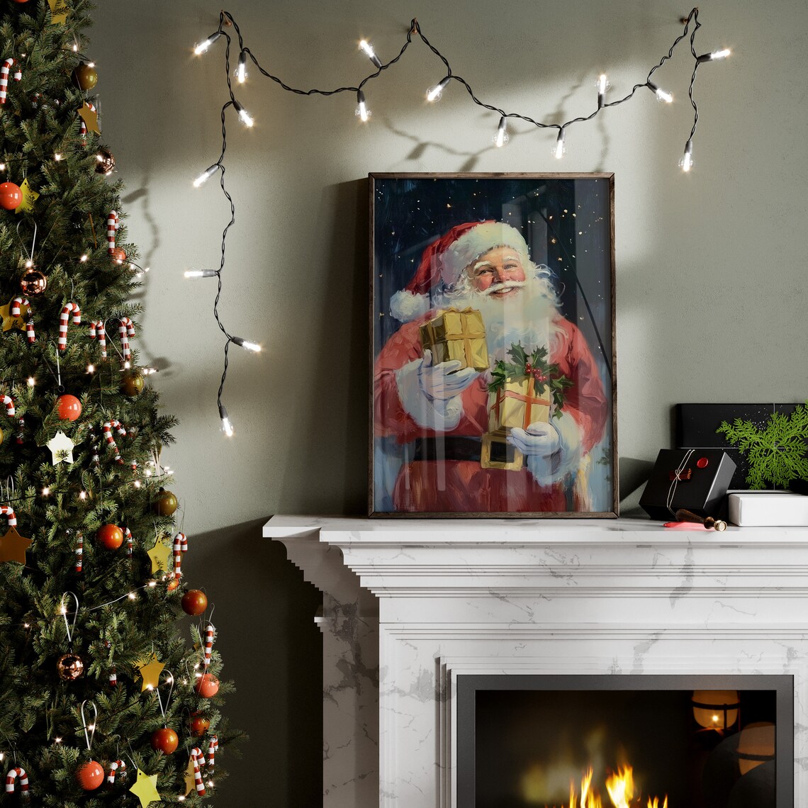 Smiling Santa Claus Holding Gold Gifts Vintage Oil Painting Poster - Image 3