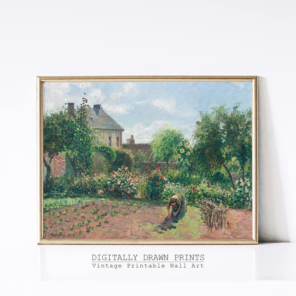 Cottage Rose Garden Oil Painting Vintage Art Print