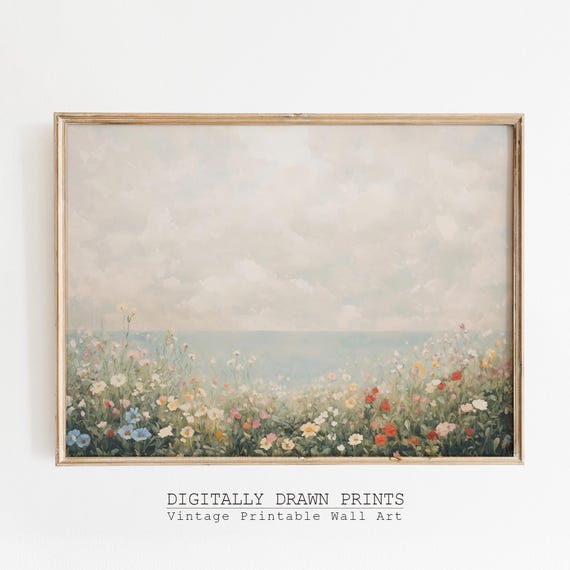 Neutral Coastal Wildflowers Art Print, Vintage Summer
