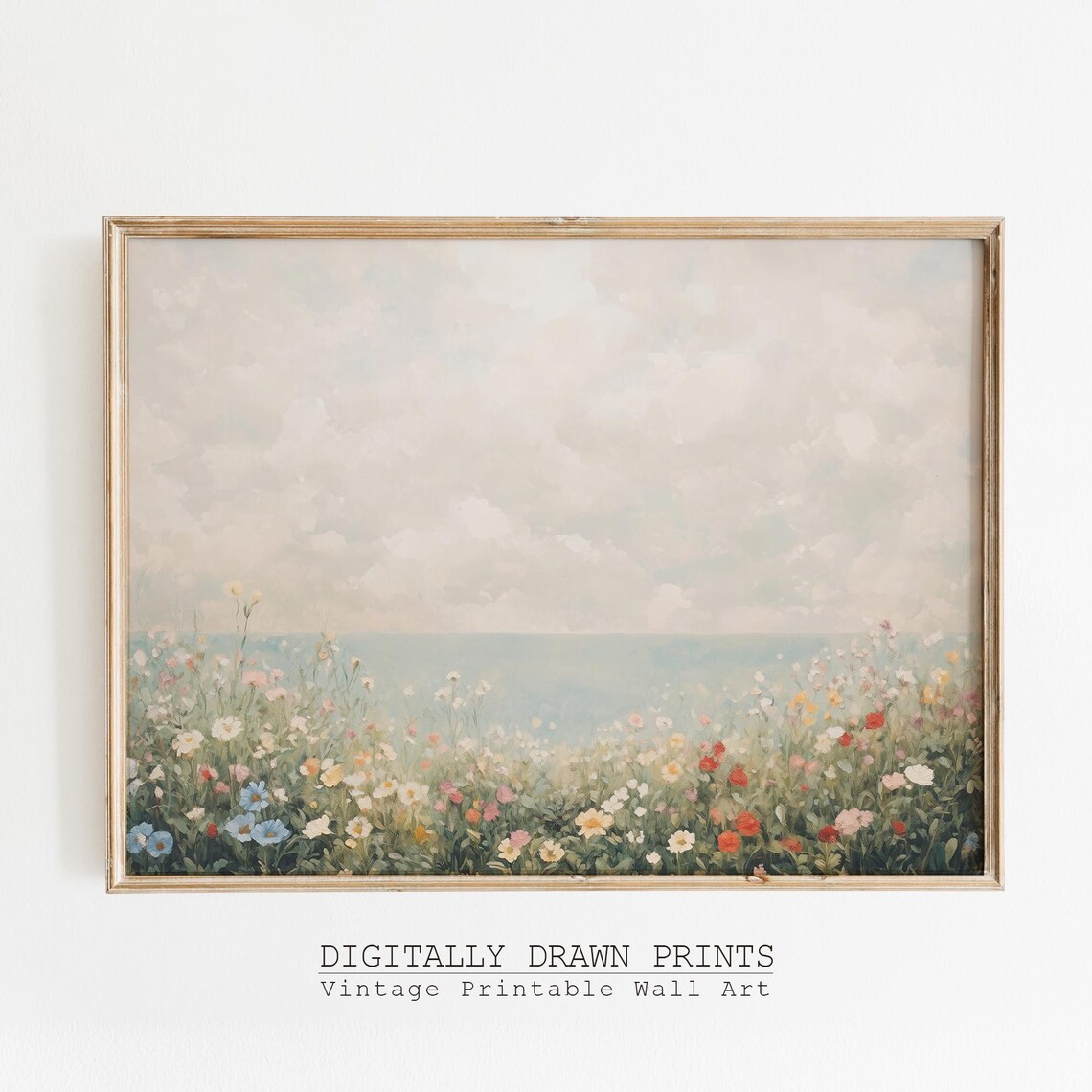 Neutral Coastal Wildflowers Art Print, Vintage Summer