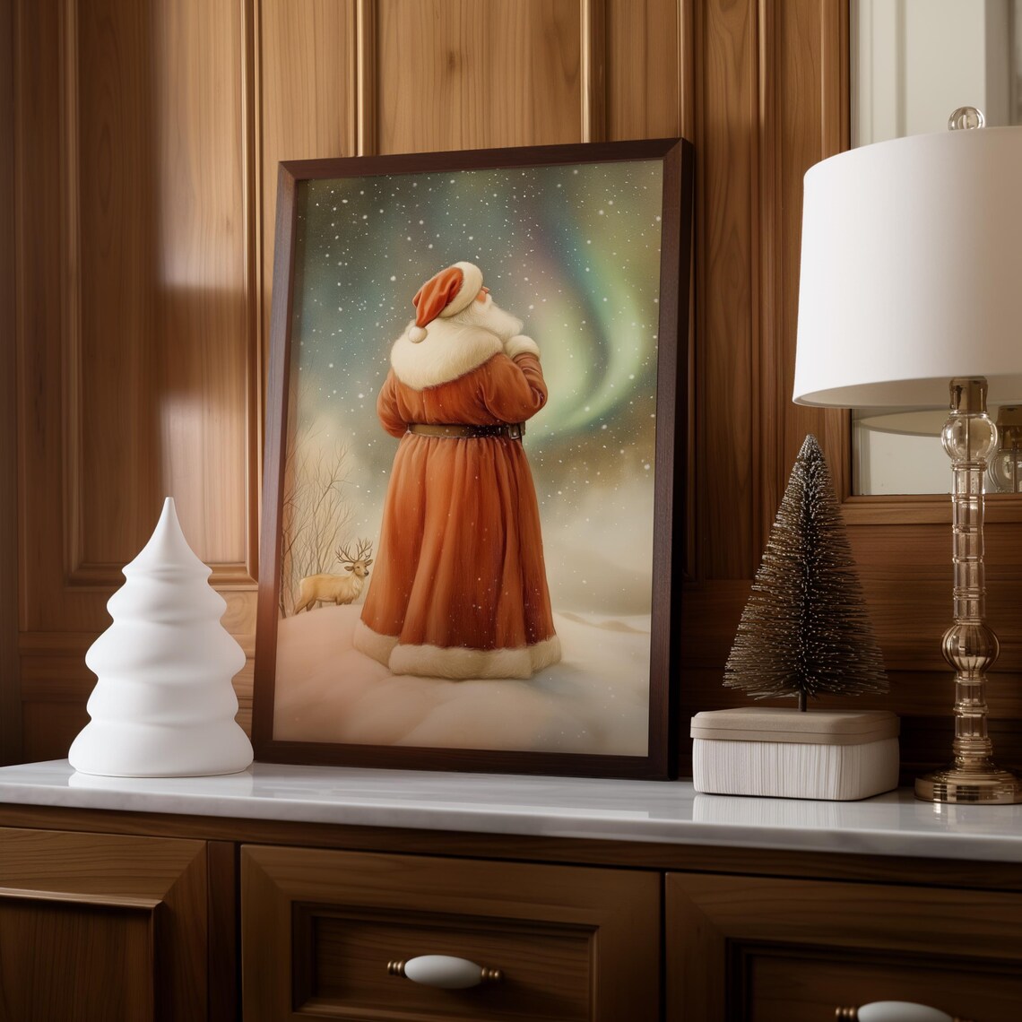 Santa Claus Under the Northern Lights in the Snow Christmas Poster - Image 2