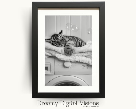 Adorable Tiger Cub Art Print, Black and White