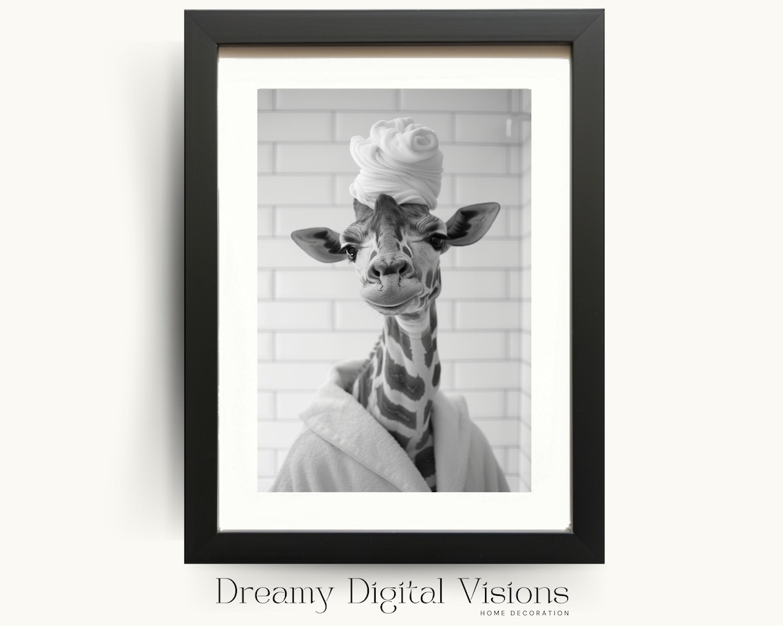 Giraffe In Towel Turban Poster Funny Bathroom Black And White Animal Photo Decor