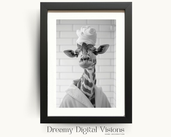 Giraffe In Towel Turban Poster Funny Bathroom Black And White Animal Photo Decor
