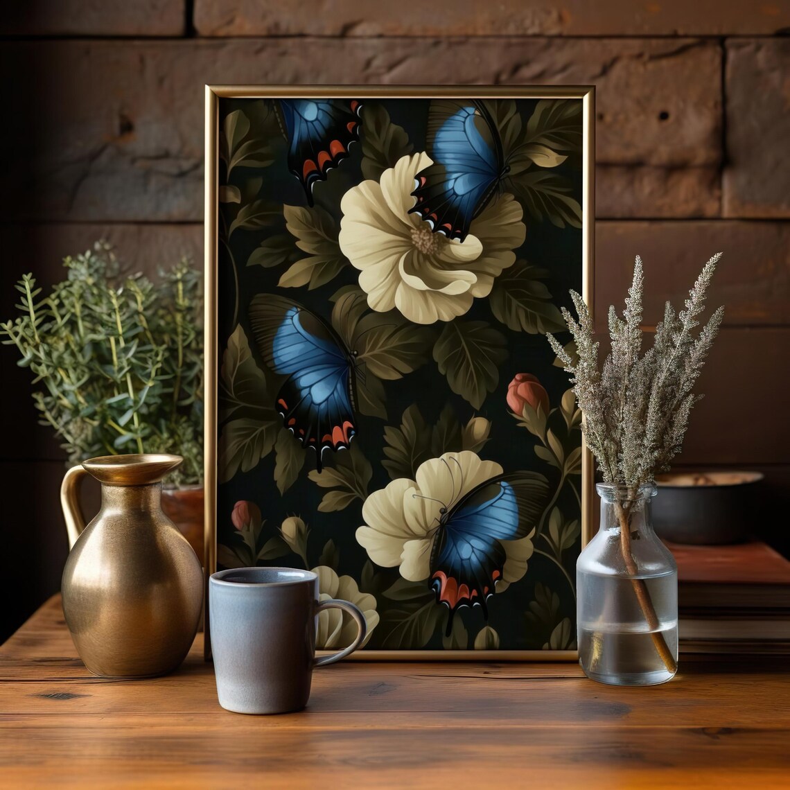 Blue Butterflies and Cream Flowers Dark Moody Botanical Art Poster - Image 3
