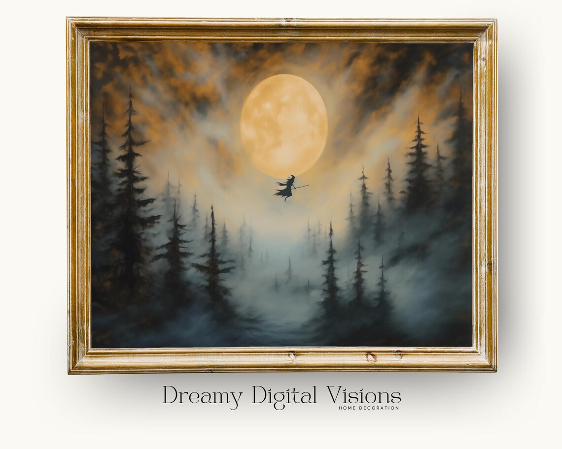 Witch Flying Across Full Moon, Vintage Halloween Art Print
