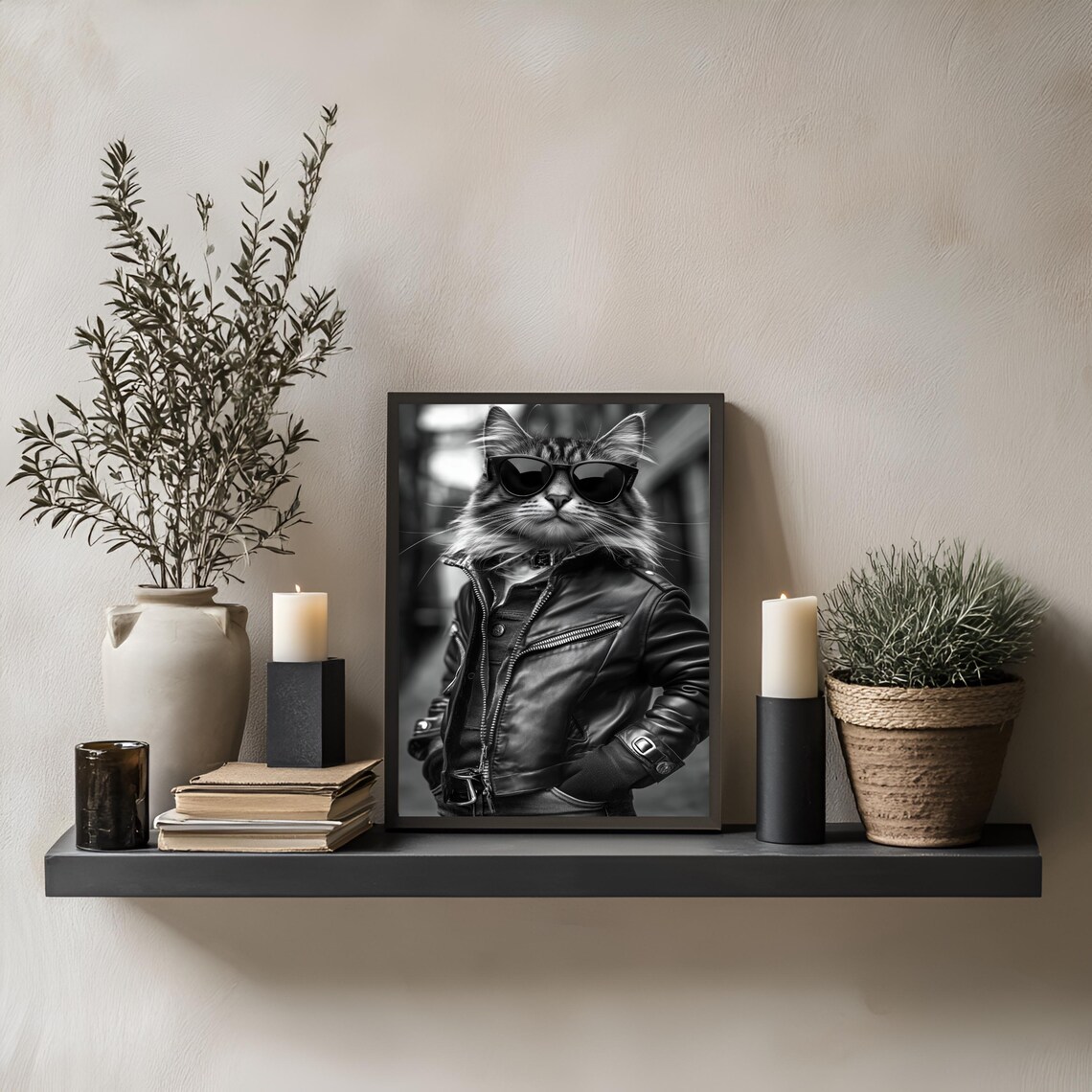 Cool Cat In Sunglasses Poster Funny Leather Jacket Black And White Cat Photo Art - Image 2