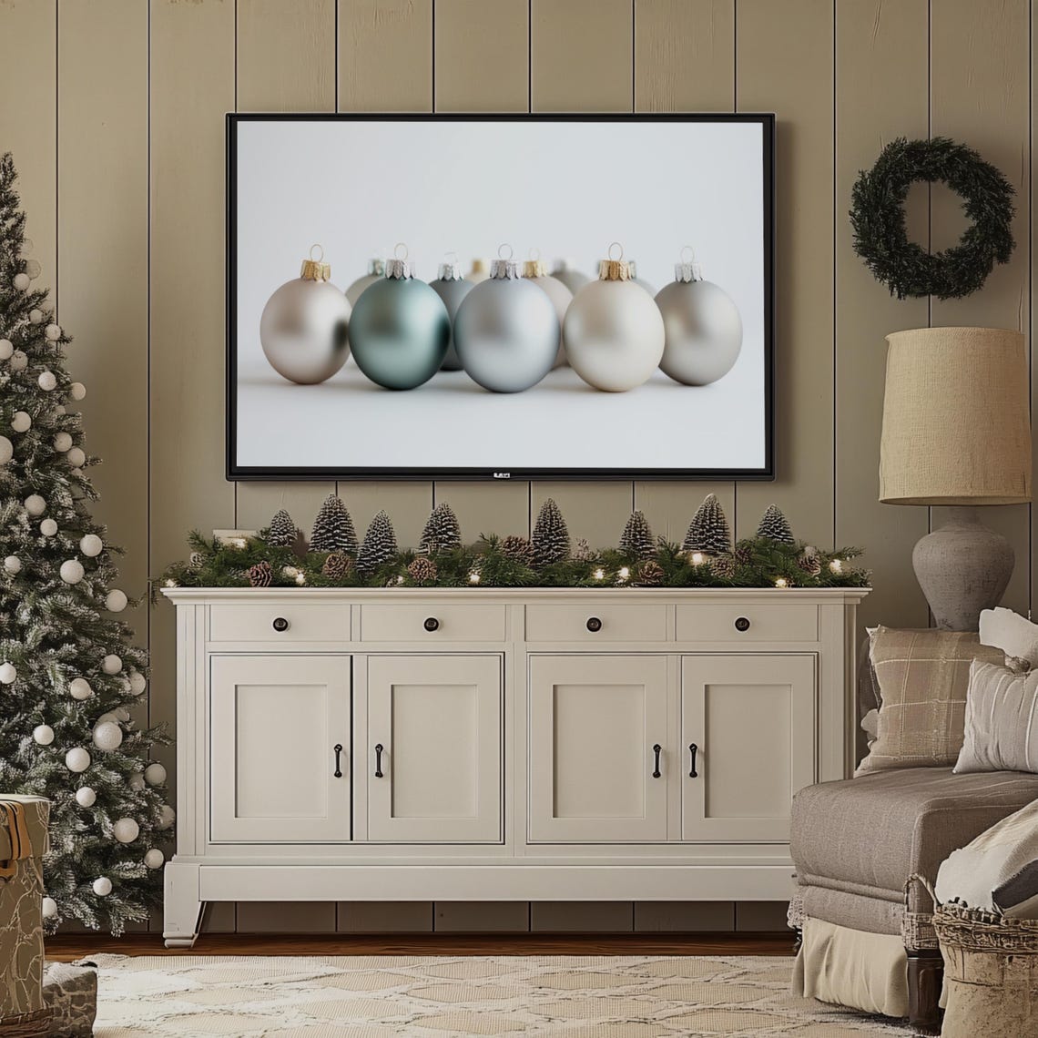 Matte Christmas Baubles Row Champagne Sage Silver Elegant Poster - Image 3