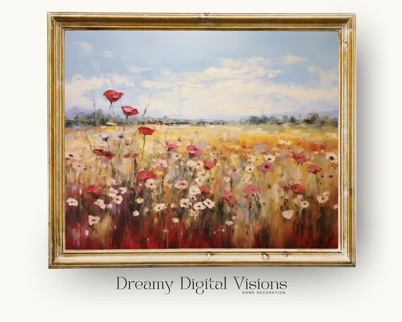 Autumn Wildflower Field Red Poppies Impressionist Oil Poster