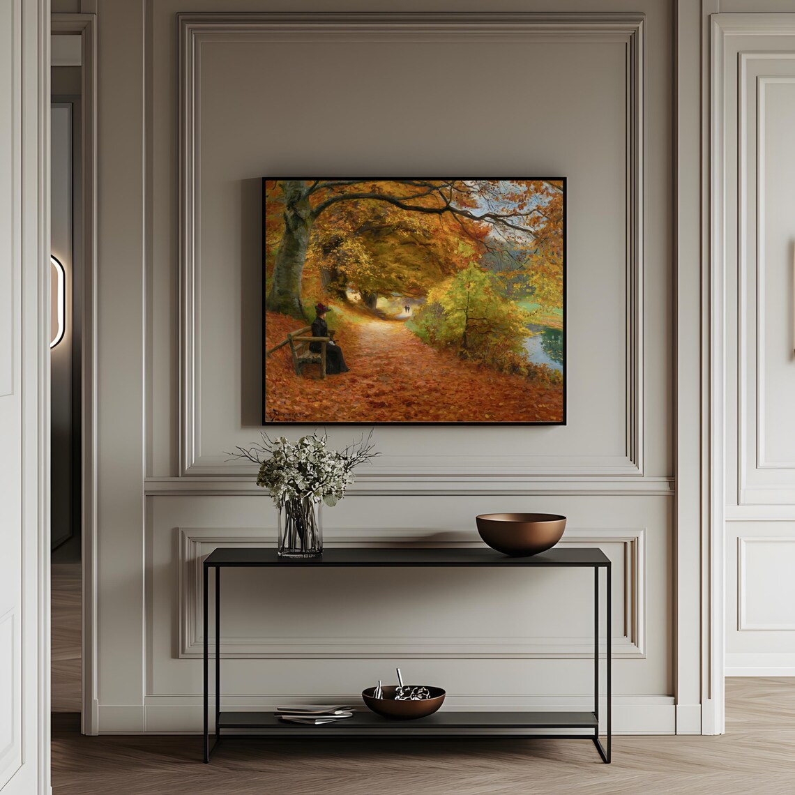 Autumn Park Bench Vintage Oil Painting Golden Fall Foliage Poster - Image 3