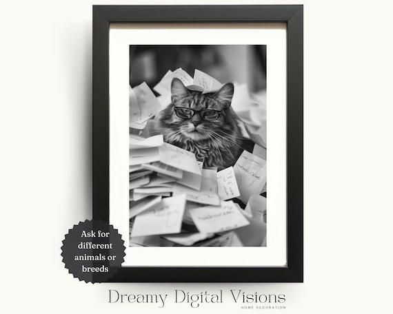 Tabby Cat With Glasses Buried in Mail Funny Office Photo Poster