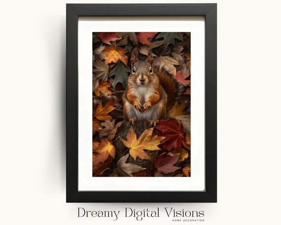 Squirrel In Autumn Leaves Poster Fall Woodland Animal Wildlife Photo Nature Decor