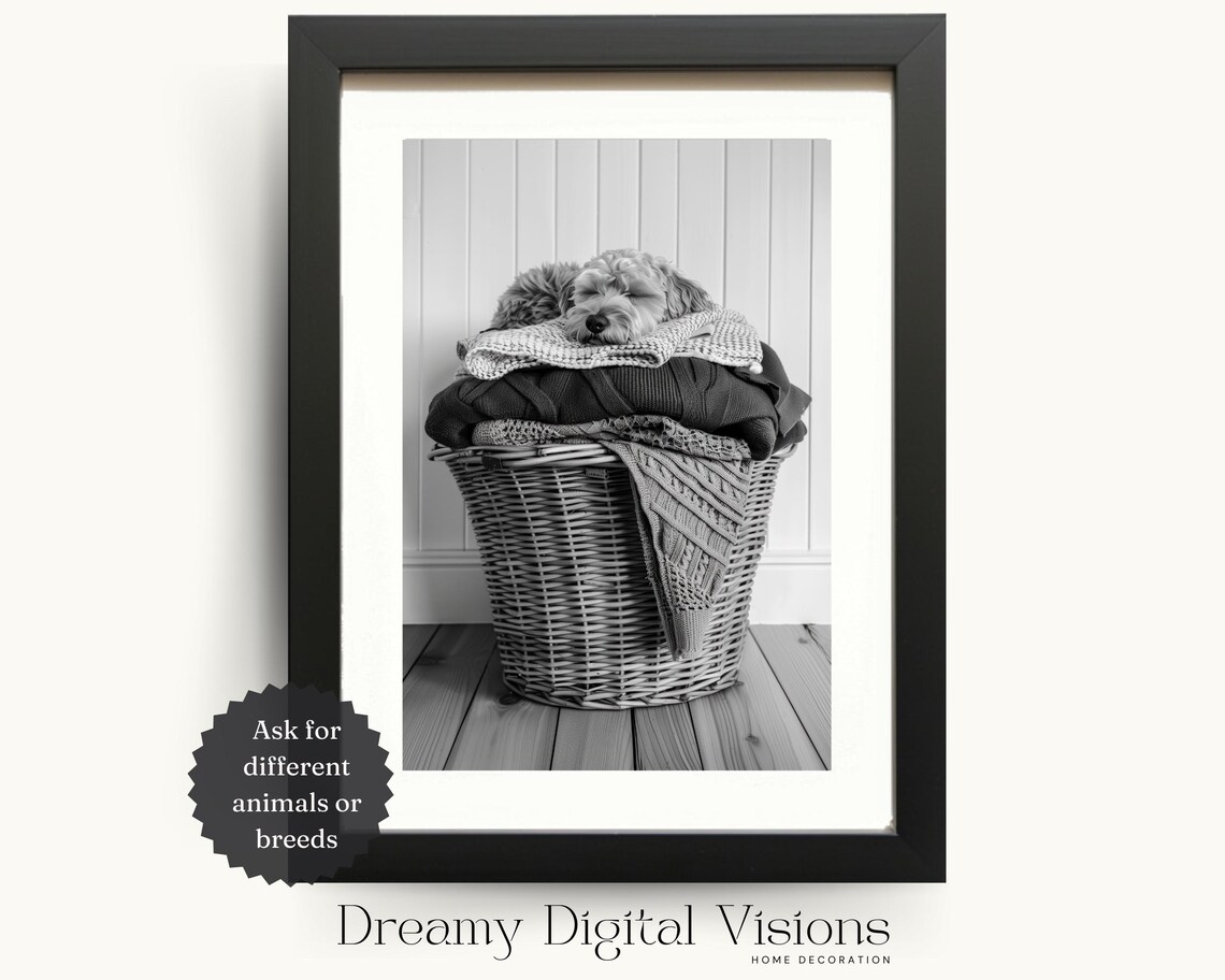 Aussiedoodle Dog Asleep On Laundry Basket Art Print