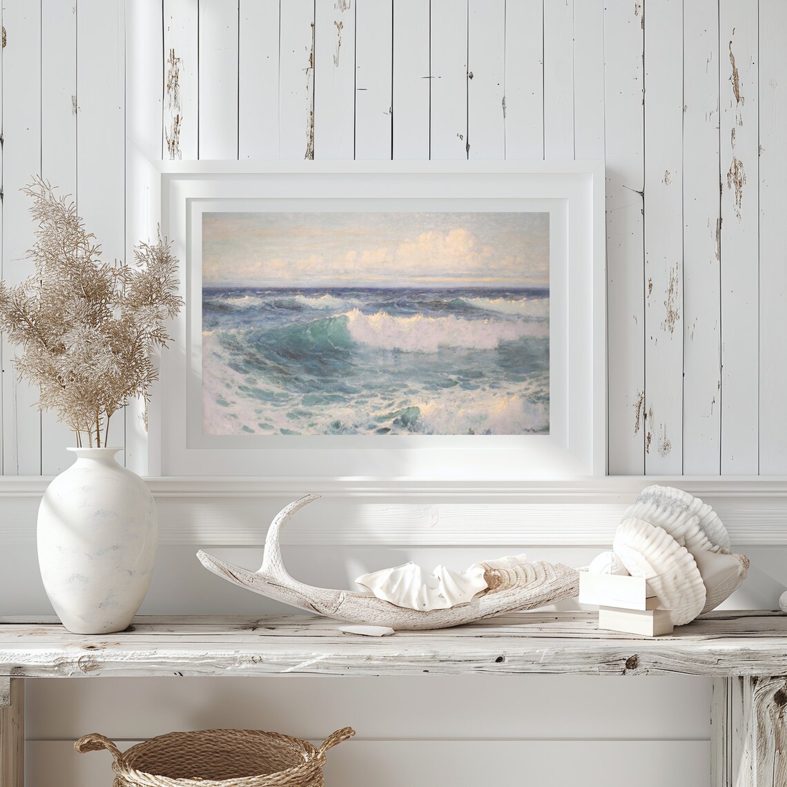 Foamy Ocean Waves Crashing Sunlit Surf Vintage Seascape Oil Painting Print - Image 3