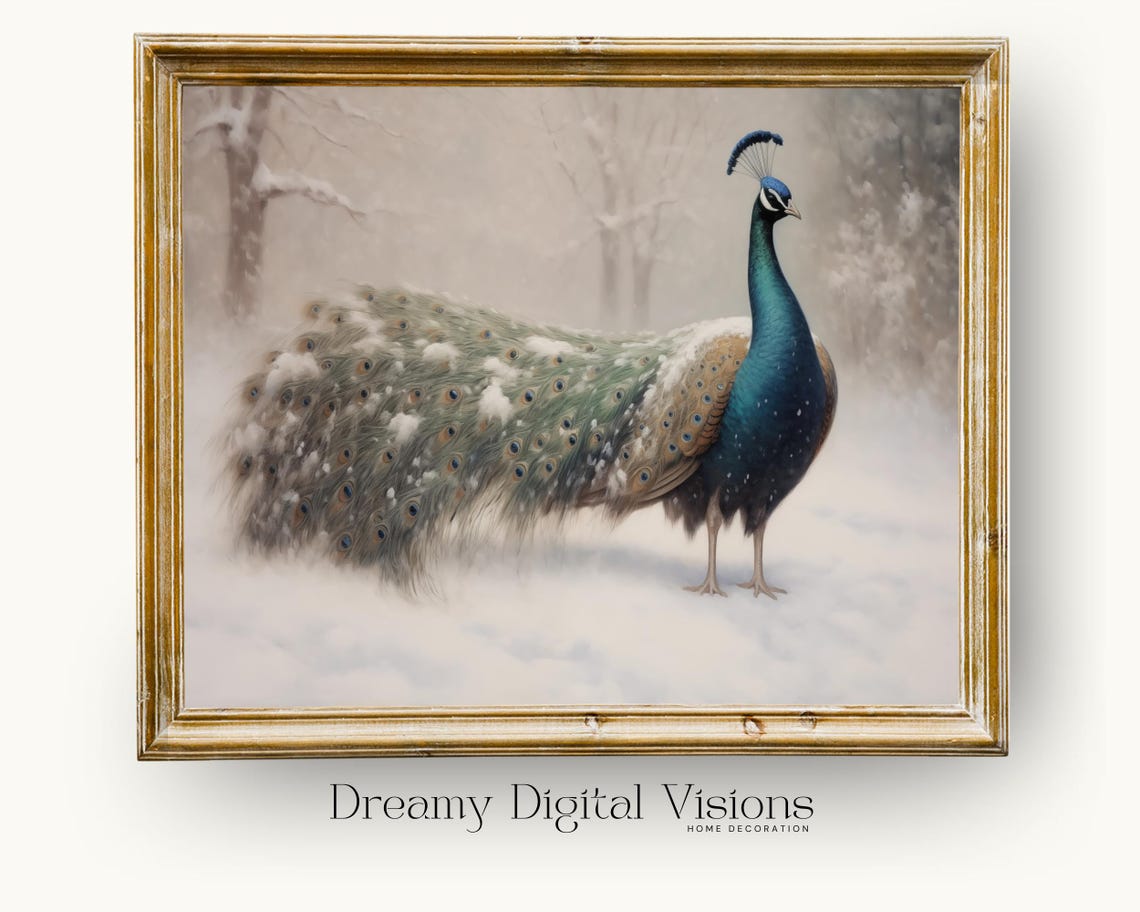 Peacock Standing in Snow Elegant Winter Wildlife Painting Poster