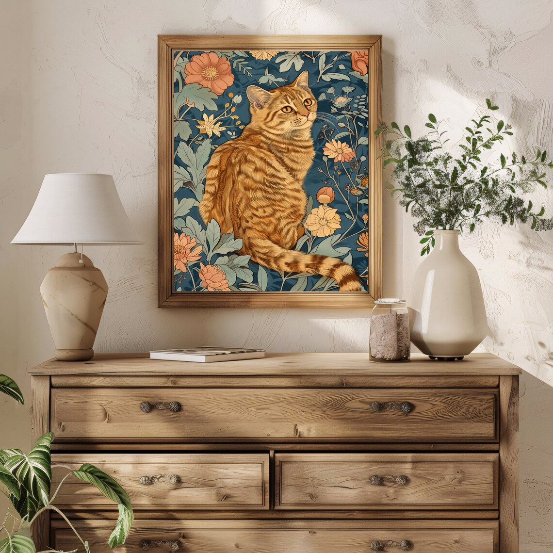 Ginger Cat Print, William Morris-Inspired Boho Floral - Image 2