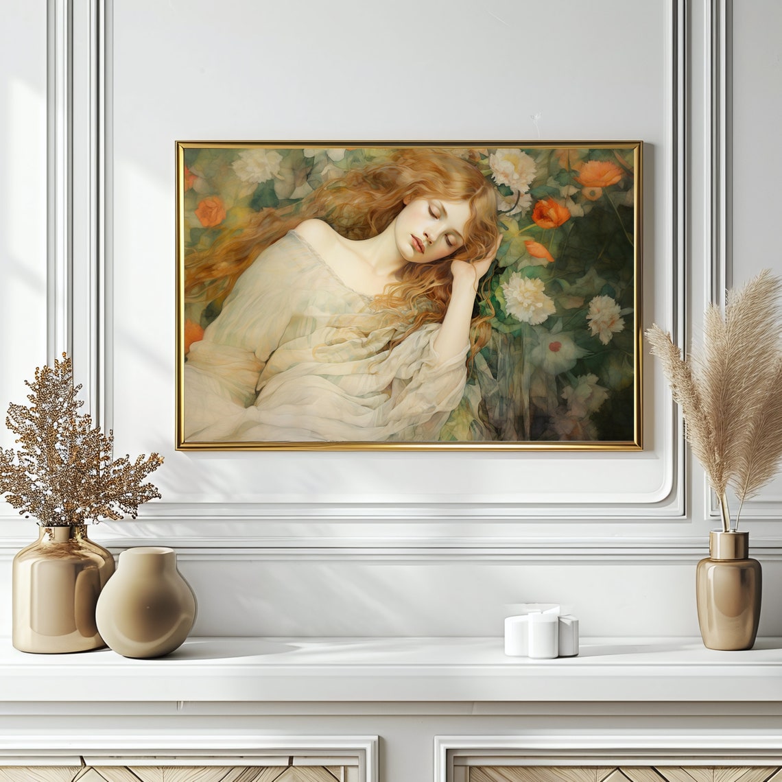 Watercolor Wall Art Portrait Of Girl Asleep In Flowers Boho Floral Girl Painting Romantic Art Neutral Decor Wall Art - Image 2