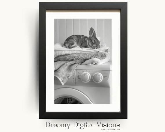 Adorable Bunny Laundry Room Art Print, Utility Room Decor