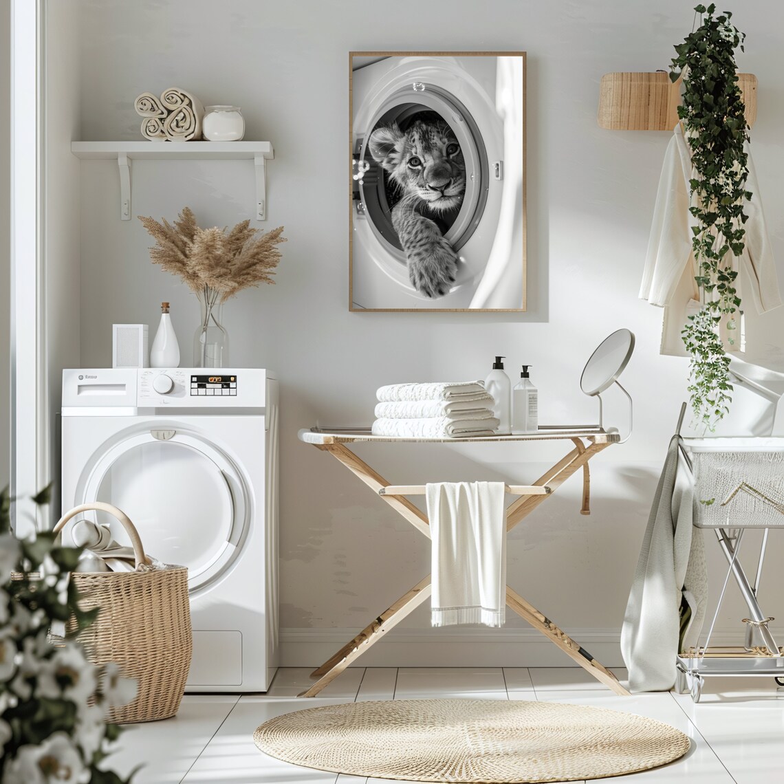 Lion Cub Peeking Out of Washing Machine Black and White Funny Laundry Poster - Image 3