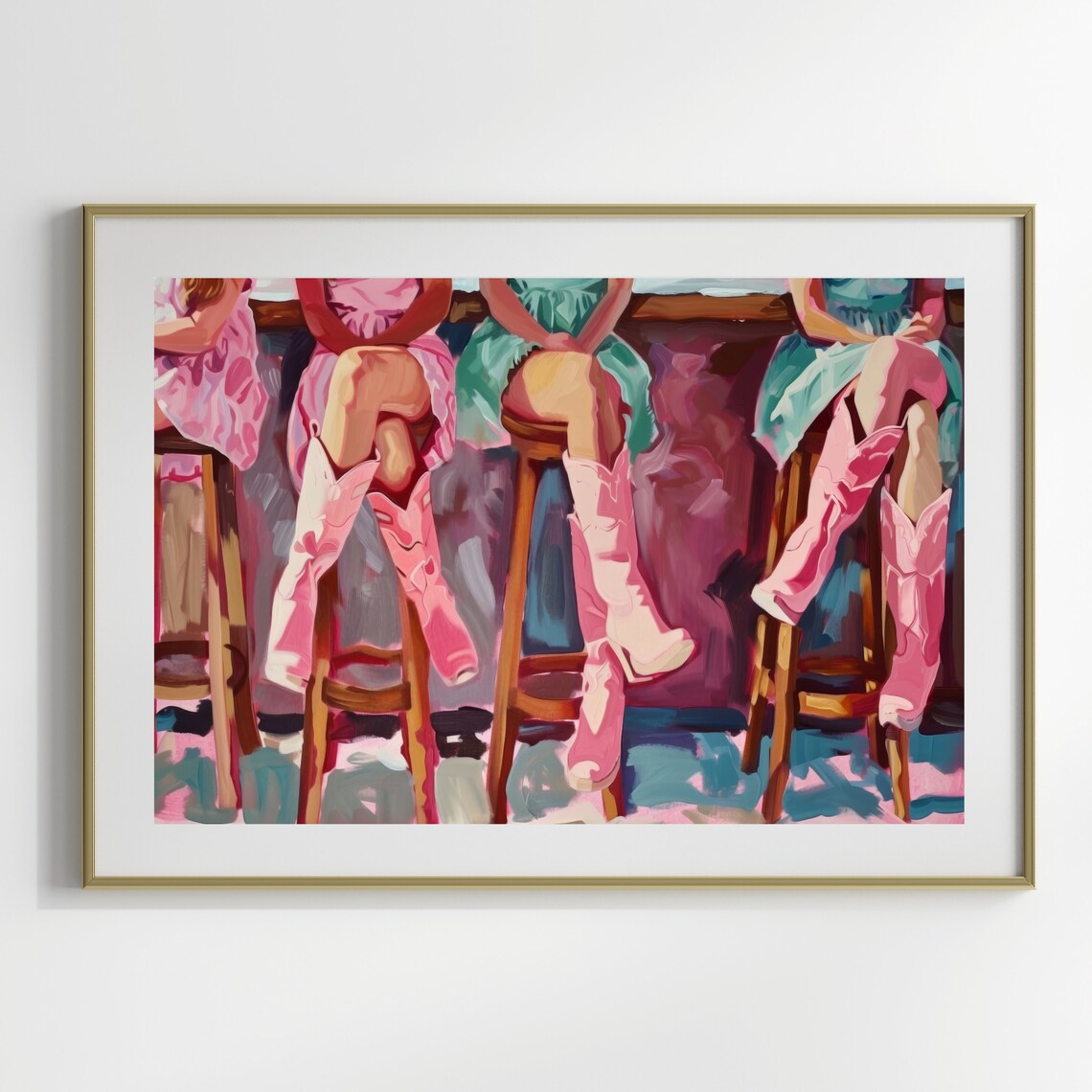 Three Cowgirls in Pink Cowboy Boots on Bar Stools Colorful Western Poster - Image 3