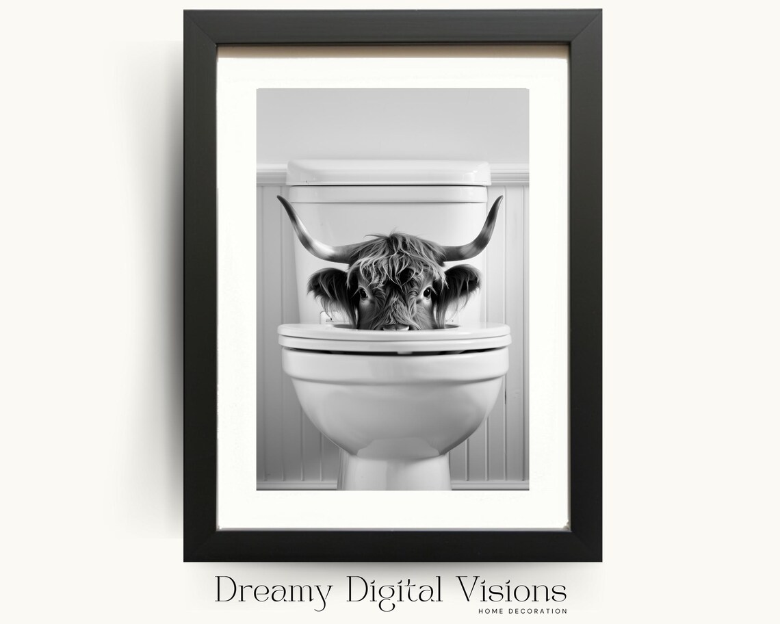 Highland Cow Peeking Out of Toilet Funny Farmhouse Bathroom Poster