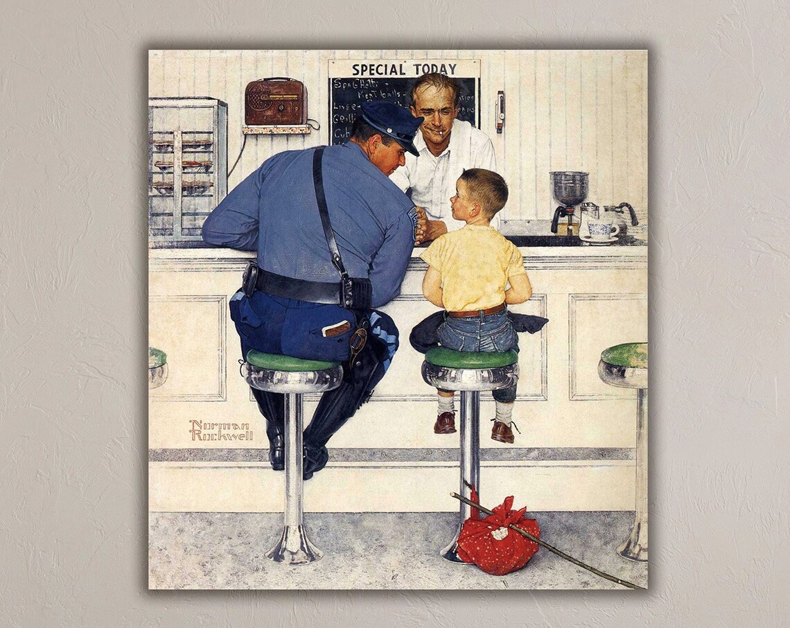 Norman Rockwell The Runaway Vintage Diner Illustration Poster