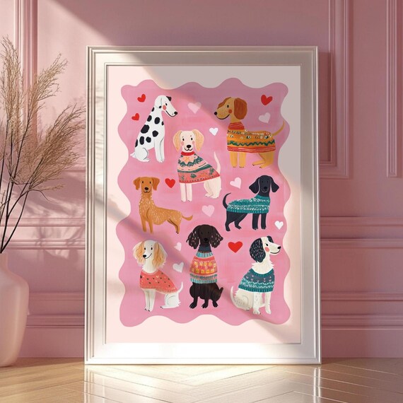 Pink Dog Painting Person Poster Kitsch Eesthetic Nursery Kids Room Art Print Lover Colorful Modern Folk