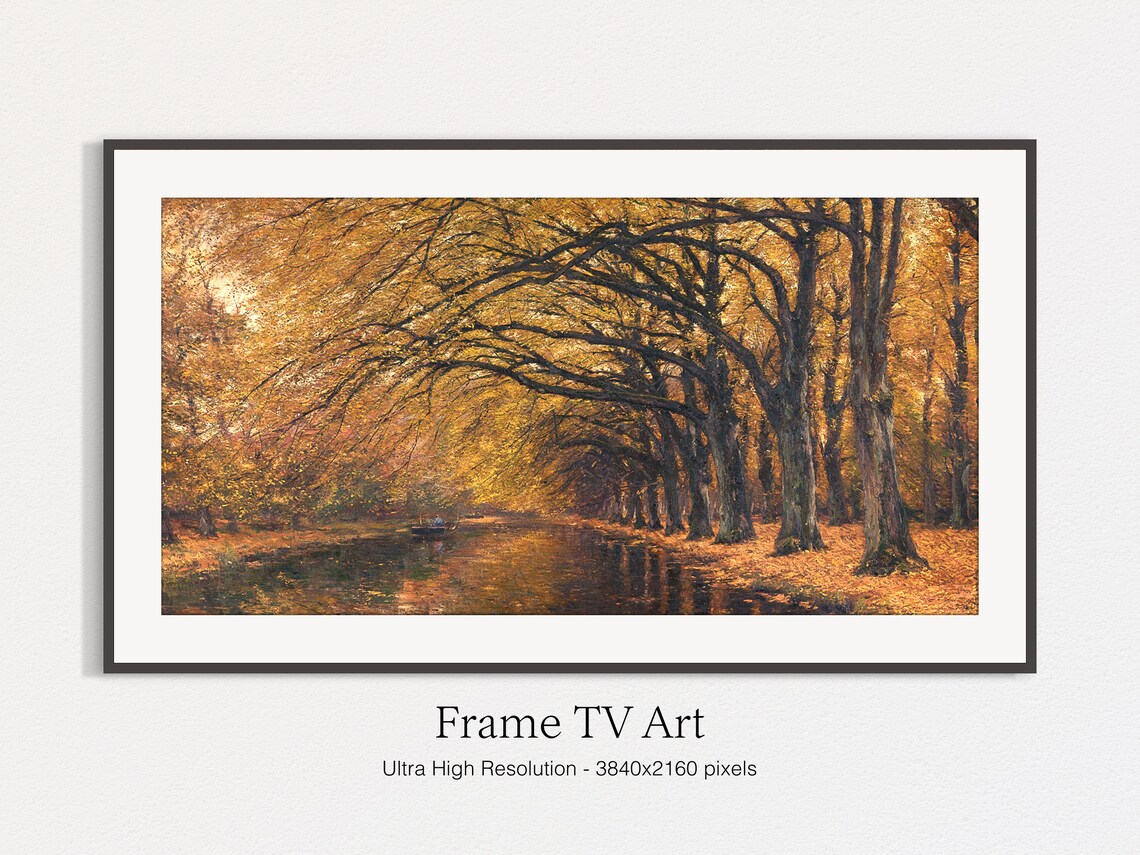 Golden Autumn Tree Avenue Reflecting in Water Vintage Oil Painting - Image 5