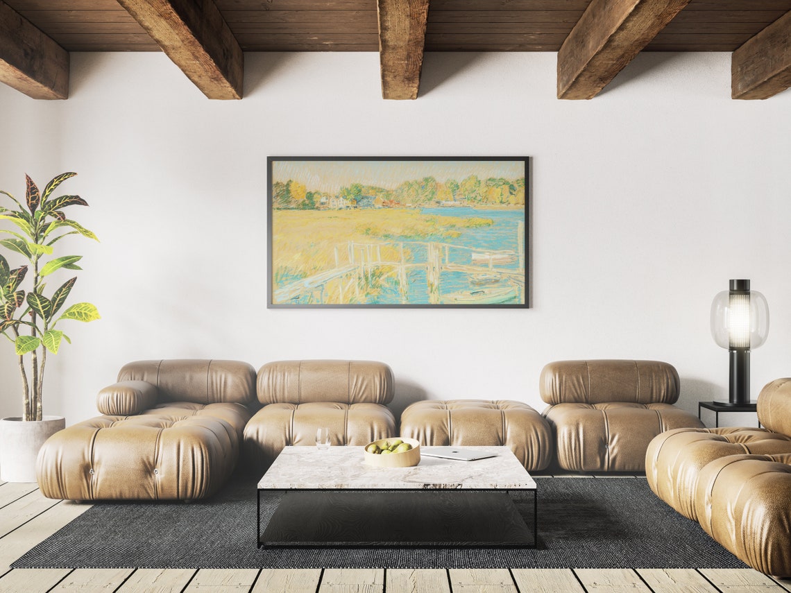 Salt Marsh Dock with Boats in Soft Light Vintage Pastel Art Print - Image 4